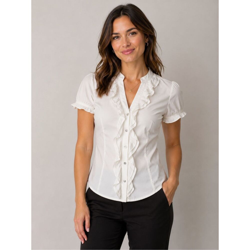 Express White Ruffle Blouse Short Sleeve Stretch Top Women’s S Petite